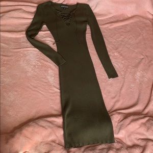 Dark Green Midi Body Con Ribbed Dress